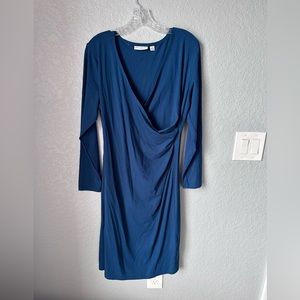 Susan Graver Dolce Knit Long Sleeve Faux Wrap Dress Size M Teal blue